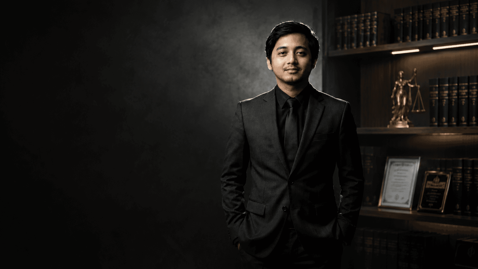 Suasana interior kantor hukum mewah dengan panel kayu gelap