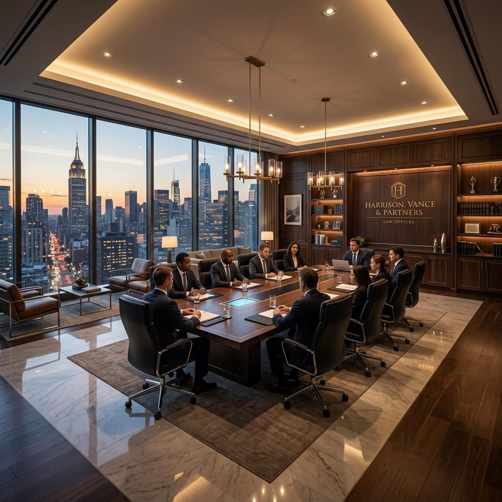 Suasana interior kantor hukum mewah dengan panel kayu gelap